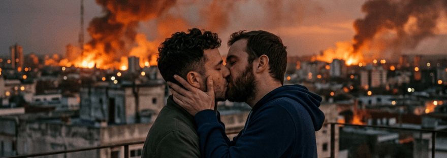 Two men kissing on a rooftop with a burning city behind them